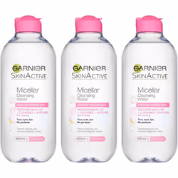 Garnier Micellar Cleansing Water Sensitive Skin, Soothing Face and Eye Make-Up Remover and Cleanser 400 ml Pack of 3