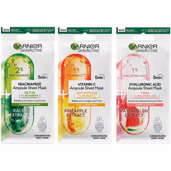 Garnier Ampoule Sheet Masks Set Of 3, Pineapple & 1% Vitamin C To Brighten, Watermelon & 1% Hyaluronic Acid To Replump, Kale ...
