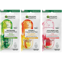 Garnier Ampoule Sheet Masks Set Of 3, Pineapple & 1% Vitamin C To Brighten, Watermelon & 1% Hyaluronic Acid To Replump, Kale & 2% Niacinamide To