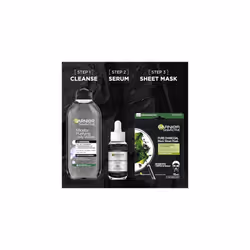 Garnier's Ultimate Charcoal Gift Set for Face, with Serum, Face Mask and Micellar Purifying Jelly Water to Reduce Imperfections, Approved by Cruelty
