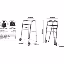 Extra Wide Adjustable Height Folding Aluminium Lightweight Walking Frame with Wheels, Quick Fold Mechanism and Anti Slip Ferrule Feet to Aid Stability
