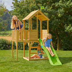 Treehouse Wooden Play Tower, with Wavy Slide & Wooden Balcony - FSC certified