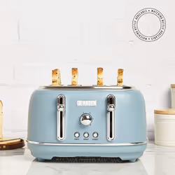 Haden Highclere Toaster - Electric Stainless-Steel Toaster with Reheat and Defrost Functions - 1370-1630W, Four Slice, Blue - CF41