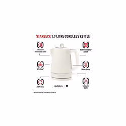 Starbeck White Kettle - 1.7L Fast Boil, Quiet, Cordless Electric Kettle - 3000W, BPA Free, Ergonomic Handle, Energy-Efficient, lightweight - Perfect