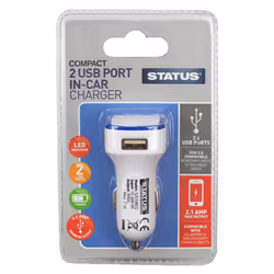 Status 2 Port USB Car Charger White 2.1mA