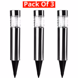 STATUS Outdoor Garden White Solar Light 3 Pack 15cm LED Bollard Stake Solar Light / Stainless Steel / Waterproof Solar Light
