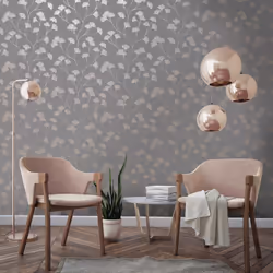 Holden Decor Glistening Ginkgo Grey Rose Gold Wallpaper 12702