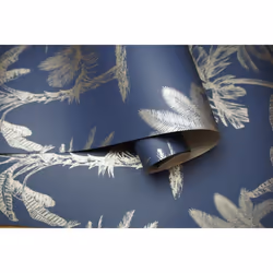 DUTCH WALLCOVERINGS Wallpaper Tropical Trees Navy Blue and Silver Covering