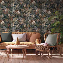 Safari Fusion Jungle Tropical Animal Navy Holden Decor Wallpaper