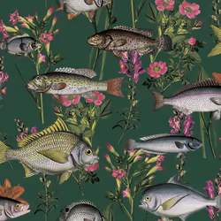 Green Lagoon Wallpaper Holden DÃ©cor Fish Carp Floral Pink Orange
