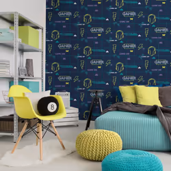 Holden Gamer Boys Navy Neon Yellow Boys Space Invader Paste The Paper Wallpaper