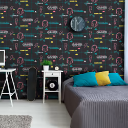 Holden Gamer Boys Black Neon Pink Boys Space Invader Paste The Paper Wallpaper