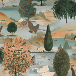 Holden Decor Swan Lake Orange Green Wallpaper Floral Wildlife Scenic Modern