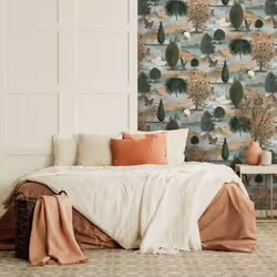 Holden Decor Swan Lake Orange Green Wallpaper Floral Wildlife Scenic Modern
