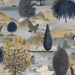 Holden Decor Swan Lake Navy Ochre Wallpaper Floral Wildlife Scenic Modern