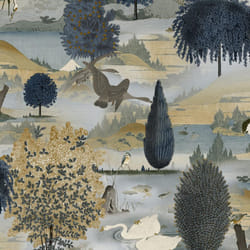 Holden Decor Swan Lake Navy Ochre Wallpaper Floral Wildlife Scenic Modern