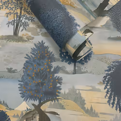 Holden Decor Swan Lake Navy Ochre Wallpaper Floral Wildlife Scenic Modern