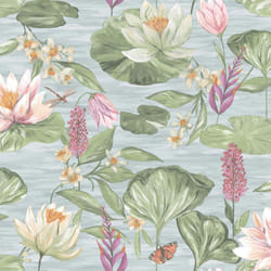 Blue Lily Pad Wallpaper Holden Floral Butterfly Green Pink Flower