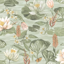 Green Lily Pad Wallpaper Holden Floral Butterfly Pink Flower Botanical