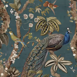 Holden Peacock Woods Tropical Floral Birds Wallpaper Aqua Teal 13682