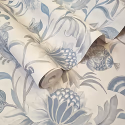 Holden Cecelia Floral Jacobean Metallic Vinyl Blue Dove Wallpaper