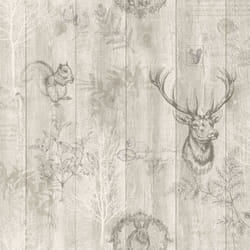 Stag Wood Panel Wallpaper Wooden Effect Grains Animal Print Trees Leaves Holden Beige
