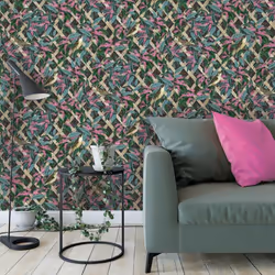 Holden Brassica Floral Leaves Bird Charcoal Pink Green Paste The Wall Wallpaper