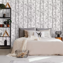 Grey Woodland Trees Wallpaper Silver Metallic Squirrel Birds Non-Woven Grizedale