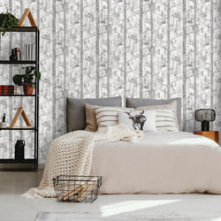 Grey Woodland Trees Wallpaper Silver Metallic Squirrel Birds Non-Woven Grizedale