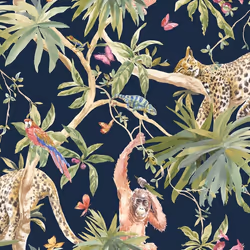 Holden Decor Fantasia Jungle Animals Navy Wallpaper 90690