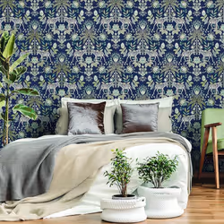Holden Decor Etosha Navy Wallpaper Floral Animal Print Metallic
