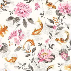 White Pink Floral Wallpaper Koi Carp Fish Water Lilies Metallic Paste The Wall