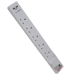 Omega 21296 2M 6 Way Extension Lead Multi Plug Socket Twin USB Ports