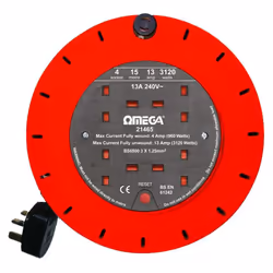 Omega 21465 Extension Reel 4 way Output Socket 15 Meter Cable, 3120 W