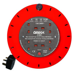 Omega 21465 Extension Reel 4 way Output Socket 15 Meter Cable, 3120 W