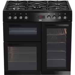Beko KDVF90K 90cm Double Oven Range Cooker with 5 Burner Gas Hob, Freestanding cooker, Black, Rotary, Black, Front, Metal