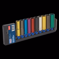 Multi-Coloured Socket Set 10pc 1/2&quot;Sq Drive 6pt Deep WallDrive&#174; Metric