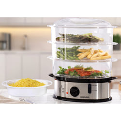 DAEWOO STAINLESS STEEL 3 TIER FOOD STEAMER ELECTRIC COOKER POT FOR VEGETABLE RICE FISH MEAT DUMPLING THREE LAYER KITCHEN STEAM COOKING