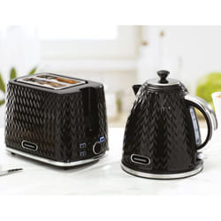 DAEWOO Argyle Retro Set Kettle and Toaster Matching Bundle 2 Slice Browning Control Easy Clean 1.7L Jug Auto Off - Black