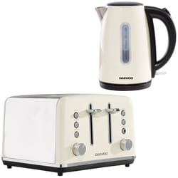 Daewoo Kensington Retro Matching Stainless Steel 4 Slice Toaster and Kettle Set 1.7 Litres Rapid Boil Auto Off Easy Clean Defrost Reheat - Cream