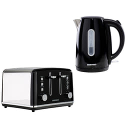 Daewoo Kensington Retro Matching Stainless Steel 4 Slice Toaster and Kettle Set 1.7 Litres Rapid Boil Auto Off Easy Clean Defrost Reheat - Black