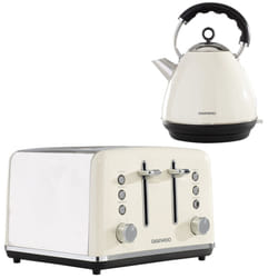 Daewoo Kensington Retro Electric Matching Toaster and Kettle Set 1.7L Rapid Boil 4 Slice Vintage Combo Bundle Pack Stainless Steel Range Combo - Cream