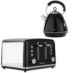 Daewoo Kensington Retro Electric Matching Toaster and Kettle Set 1.7L Rapid Boil 4 Slice Vintage Combo Bundle Pack Stainless Steel Range Combo - Black