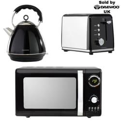 Daewoo Black 3-Pack Kensington Collection Matching 800W Microwave Kettle and Toaster Set 2-Slice Rapid Boil Pyramid