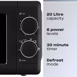 Daewoo 20L 800W Manual Microwave 5 Power Setting 30Min Timer Defrost Black