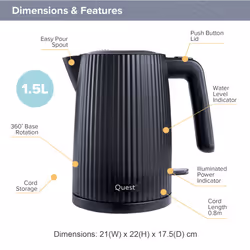 Quest 1.5 Litre Cordless Kettle / Stylish Modern Grooved Design / Spout Filter / Overheat Protection / 3000W Fast Boil - Black