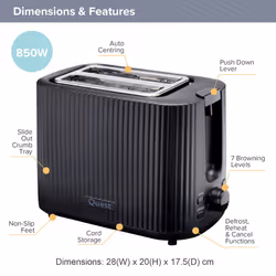 Quest 2 Slice Toasters / Modern Grooved Design / 7 Browning Levels / Reheat & Defrost / Crumb Tray & Cord Storage / 930W - Black