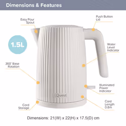 Quest 1.5 Litre Cordless Kettle / Stylish Modern Grooved Design / Spout Filter / Overheat Protection / 3000W Fast Boil - White