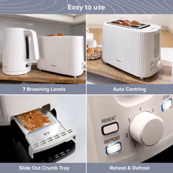 Quest 2 Slice Toasters / Modern Grooved Design / 7 Browning Levels / Reheat & Defrost / Crumb Tray & Cord Storage / 930W - White