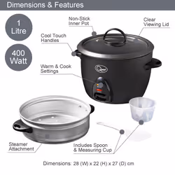 Quest 2-in-1 Black Rice Cookers & Steamers / 2 Sizes - 1L